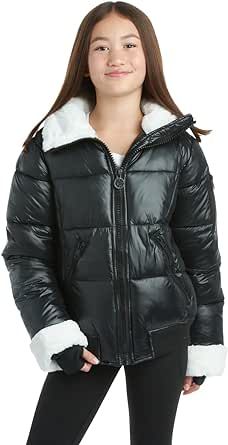 DKNY Girls' Winter Coat - Insulated Quilted Puffer Bomber Coat - Outerwear Jacket for Girls, Sherpa Collar/Cuffs (8-16)