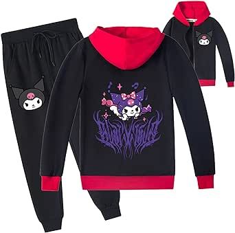 RYDLE Girls Kuromi Pullover Sweatshirt Zipper-Graphic Long Sleeve Hooded Jackets with Sweatpants Set Casual Tracksuit