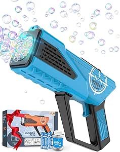 Boerfmo Bubble Gun Machine for Kids - Bubble Blower with 8-Hole Wands & LED Light - Bubble Maker/Blaster Include Bubble Solution & Batteries - Boys Toys Gifts, for Birthday, Parties