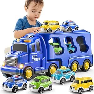TEMI Truck Toys for 3 4 5 6 7 Year Old Boys - 5 Pack Carrier Transport City Vehicles Toys, Kids Toys Car for Girls Toddlers Friction Power Set, Push and Go Play Vehicles Toys…