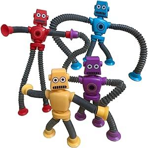 Pop Tubes Robot Toy for Boys Girls Kids, 4 Packs Telescopic Suction Cup Robotics Fidget Toys Autism Sensory Toys for Children Toddlers, Travel Educational Classroom Rewards Party Favors Gift(Robot)