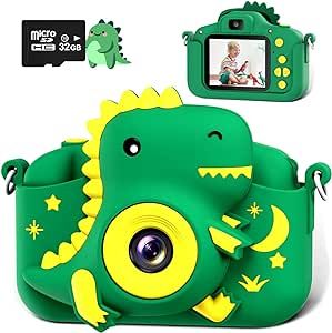 GREENKINDER Dinosaur Kids Camera, Toddler Digital Camera for Ages 3-12 Boys Girls Childrens, Christmas Birthday Gifts, Selfie 1080P HD Video Camera for 3 4 5 6 7 8 9 Years Old Boys Girls Toys Gifts