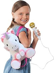 Singing Machine Portable Karaoke Machine for Kids, Plush Toy Backpack with Microphone - The Sing Along Crew, Uni Queen (White & Pink) - Built-In Karaoke Speaker with Songs, Sound Effects, & Recorder