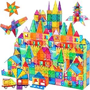 AFUNX 130 PCS Magnetic Tiles Building Blocks 3D Clear Construction Playboards, Inspiration , Creativity Beyond Imagination, Educational Magnet Toy Set for Kids with 2 Cars