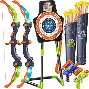 GMAOPHY 2 Pack Bow and Arrow for 5 6 7 8 9 10 11+ Year Old Boys, Birthday Gift for Kids, Indoor Outdoor Activity Toys, LED Light Up Archery Toy with 20 Suction Cup Arrows, Standing Target & 2 Quiver