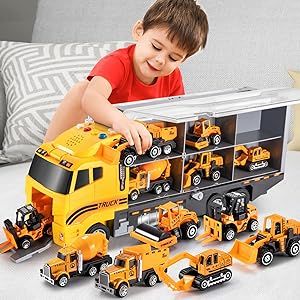 TEMI Toddler Toys for 3 4 5 6 Years Old Boys, Die-cast Construction Toys Car Carrier Vehicle Toy Set w/Play Mat, Truck Alloy Metal Car Toys for Age 3-9 Toddlers Kids Boys & Girls