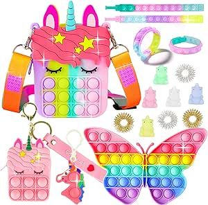 Pop Purse Pack Toy, Unicorn Rainbow Shoulder Crossbody Small Mini Little Keychain, 3 4 5 6 7 8 9 10 12 Year Old Birthday Gifts for Toddler Kids Girl, Christmas Stocking Stuffers