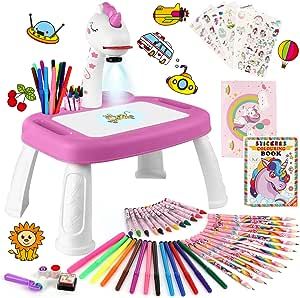 Hoarosall Drawing Projector,Arts and Crafts for Kids,Include Drawing Board with Music,Color Pens,Pencils,Crayons,Scrapbook,Sticker Book,Unicorn Stickers,Stamps,Toy for Girls & Boys 3+ Year Old