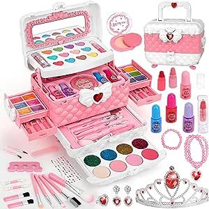Kids Makeup Kit for Girl Toys, 60PCS Teensymic Toys for Girls Real Washable Makeup Girls Princess Gift Play Make Up Toys Makeup Vanities for Girls Age 4 5 6 7 8 9 Birthday