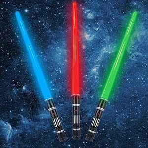 3 pack 3 colors Light Up Saber with FX Sound(Motion Sensitive) and Realistic Handle for Kid, Expandable Light Swords Set for Halloween Dress Up Parties, Xmas Present, Galaxy War Fighters and Warriors