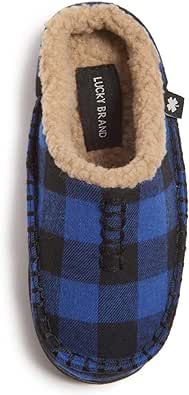 Lucky Brand Boys Buffalo Plaid Memory Foam Clog Slippers, Non Slip Rubber Sole House Shoes, Kids Cozy Fluffy Bedroom Clogs