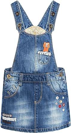 KIDSCOOL SPACE Baby Little Girls Fox Flowers Embroidered Lace Denim Overall Dress