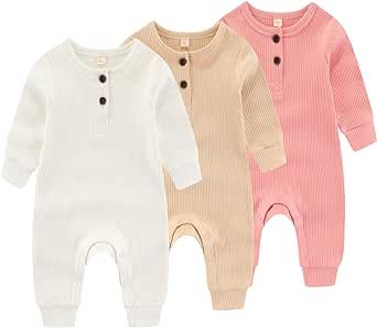 IADOER Newborn Baby Boys Girls One Piece Romper With Mitten Cuffs 3 Pack Long Sleeve Ribbed Button Jumpsuit Outfit Clothes