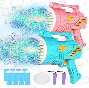 SmartYeen 2-Pack Bubble Machine Gun,69 Holes Bubble Gun with Light,8 Bottles Bubble Solution Bubble Blower Maker for Kids Summer Outdoor Toy Wedding Party Birthday Gifts