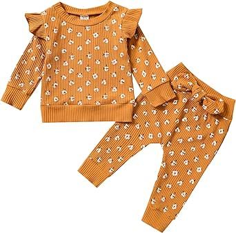 Kids Baby Girl Floral Clothes Set Ruffle Long Sleeve Pullover Tops + Bowknot Pants 2PCS Girls Outfits