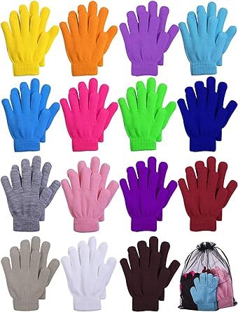 URATOT 15 Pairs Kid's Gloves Warm Knitted Magic Full Fingers Gloves with Mesh Storage Bag for Boys or Girls