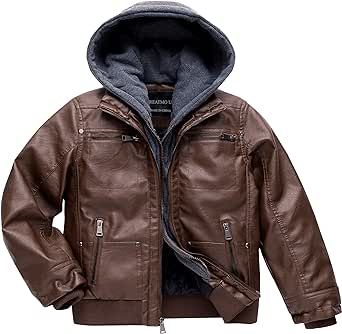 Boy's Faux Leather Jacket Windproof Warm Winter Coat Kids Bomber Outerwear Waterproof PU Motorcycle Jacket
